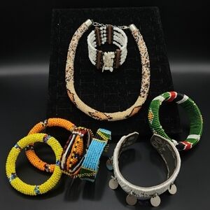 Tribal Multicolor Beaded Necklace Bracelet Set Lot Bundle Native American Kenya